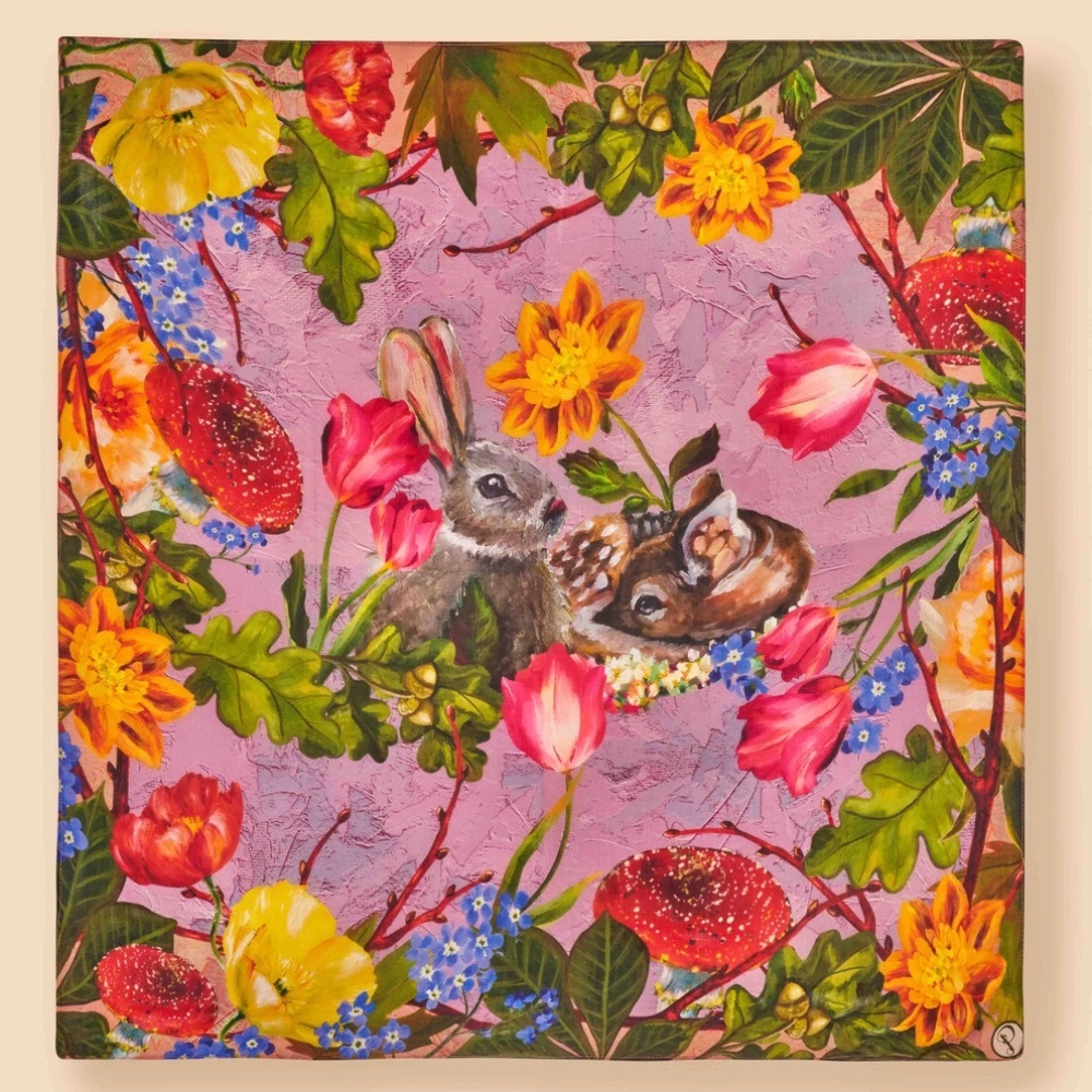 Powder UK Whimsical Woodland silk scarf / bunny, fawn, tulips & more - NWT